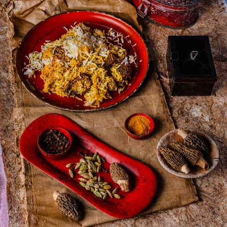 Recipe for biryani with stuffed morels by Sri Owen. Prop and food styling: Polly Webb-Wilson.