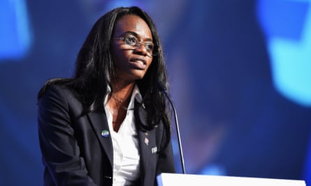 Isha Johansen addresses the Women’s Football Symposium in Canada in 2015