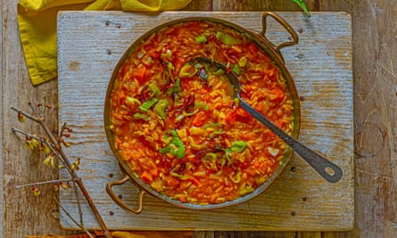 Butternut squash and saffron orzo, chilli-fried leeks recipe by Helen Graham. Food and prop styling: Polly Webb-Wilson.