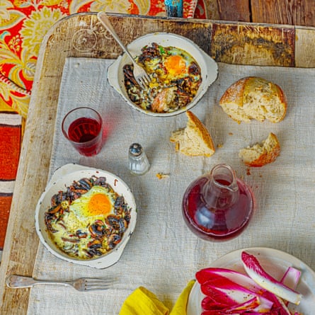 Baked mushrooms and eggs recipe by Rosie Sykes. Food and prop styling: Polly Webb-Wilson.