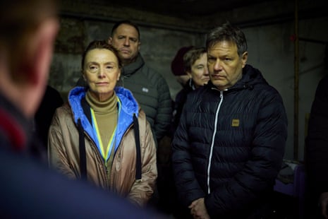 Habeck and Buric in the basement of a local school in the village of Yahidne, where hundreds of local residents spent a month.