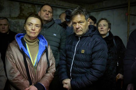 Secretary general of the Council of Europe Marija Pejcinovic Buric, left, and German economy and climate minister Robert Habeck visit a school basement in the village of Yahidne.