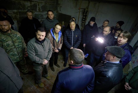 Ukrainian president Volodymyr Zelenskiy, German vice-chancellor Robert Habeck and secretary general of the Council of Europe Marija Pejcinovic in the Yahidne village, Chernihiv region, Ukraine.