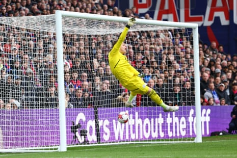 Leicester keeper Daniel Iversen concedes an own goal from the free kick of Crystal Palace’s Eberechi Eze.