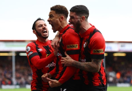 Bournemouth's Marcus Tavernier celebrates scoring their first goal with teammates.