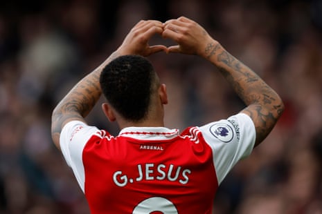 Arsenal's Gabriel Jesus celebrates after scoring his second, and the Gunners' third.