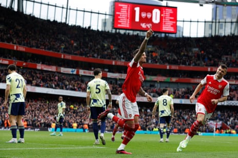 Arsenal’s Ben White celebrates scoring their second goal.