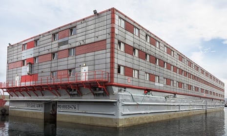 The Bibby Stockholm barge, a 222 bedroom, three-storey vessel, which can house up to 506 people.