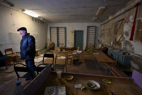 Ukrainian resident Ivan Polgui, 63, stands in the basement of a school where villagers were kept for almost a month by Russian troops in the village of Yahidne.
